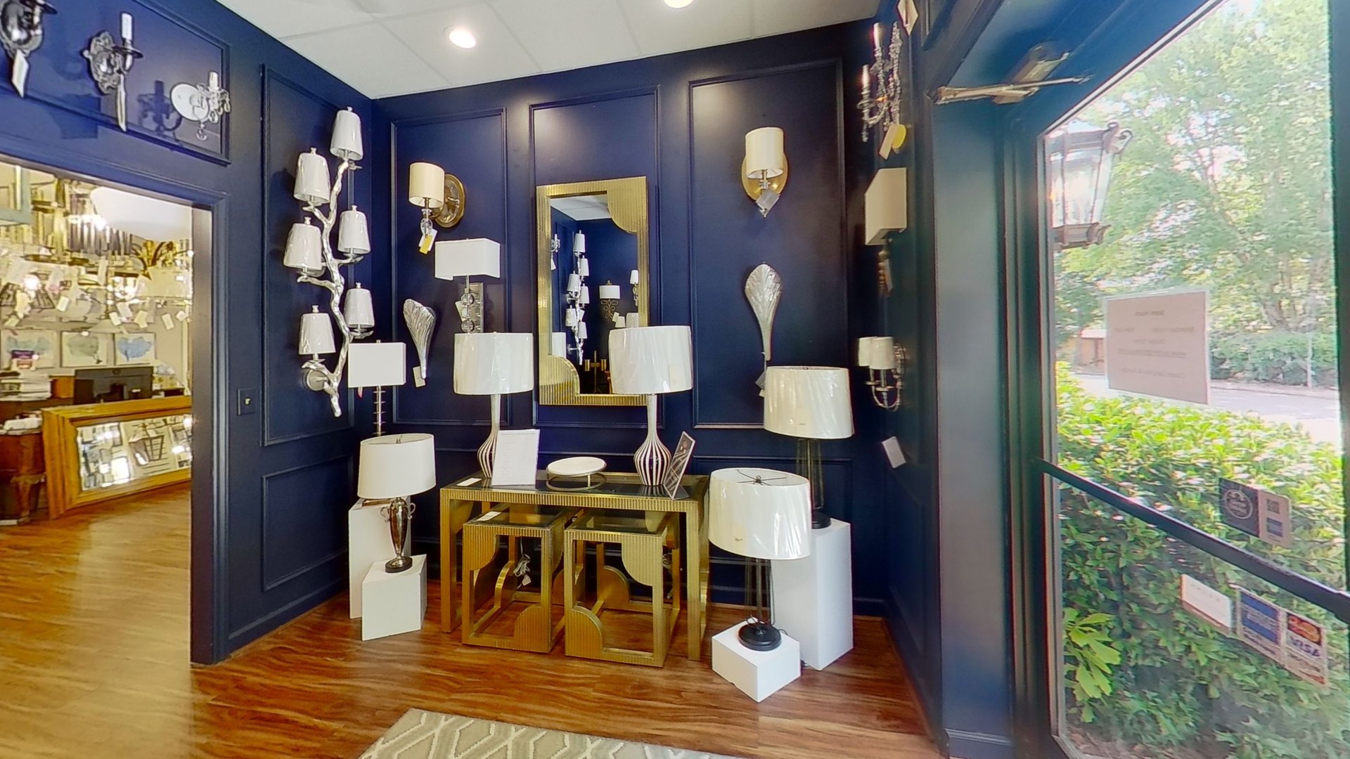 Table lamps and wall sconces at the front of the High Point lighting showroom