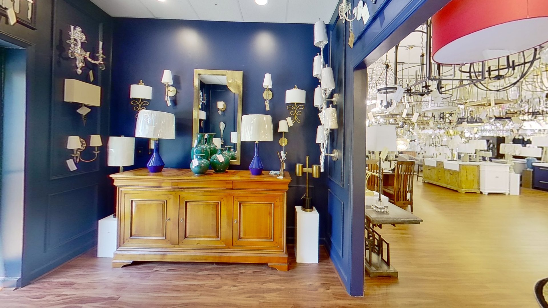 The lamp gallery at the High Point showroom, with the chandelier floor beyond